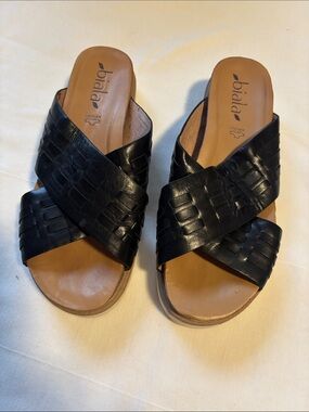 biala Black Woven Leather Slide Mules for Women